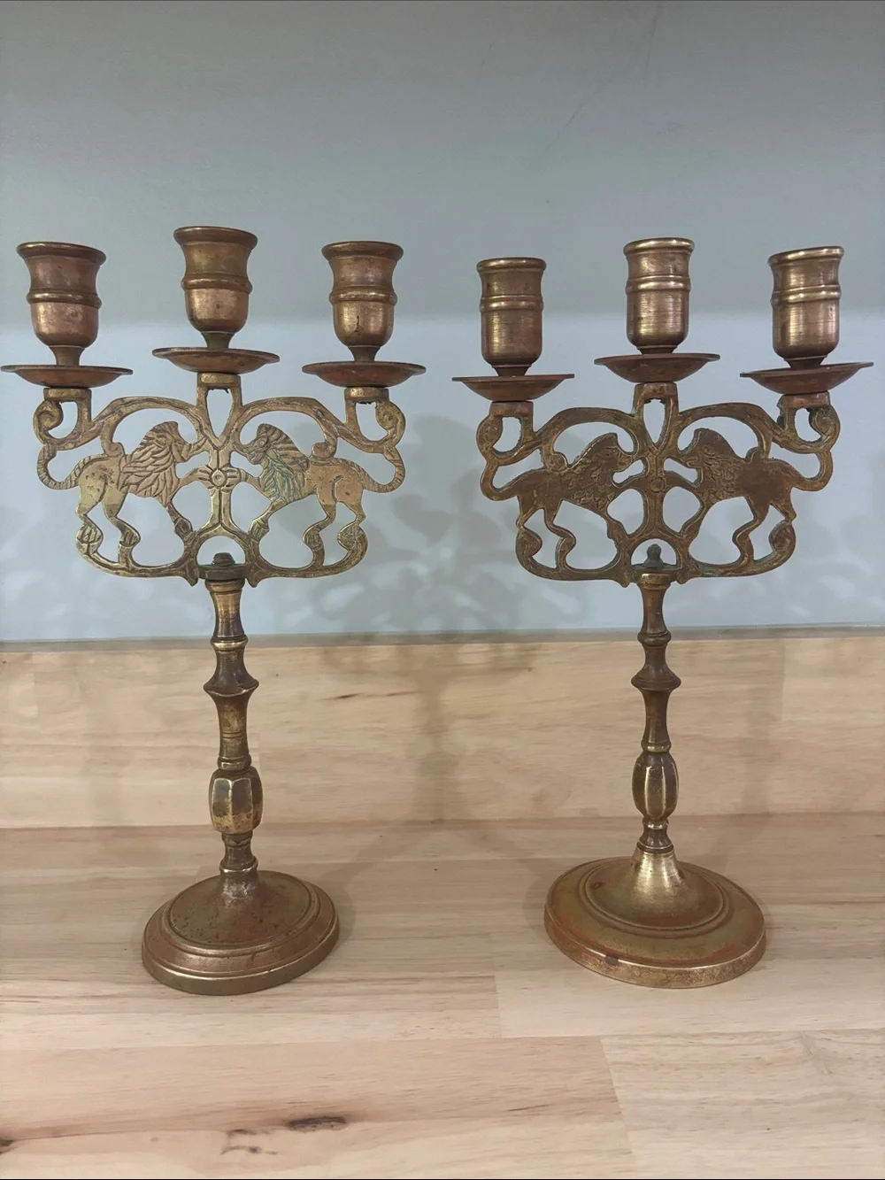 Vintage Brass Menorah Shabbat Candelabra, 3 Arms, King Lions, Candle Holder